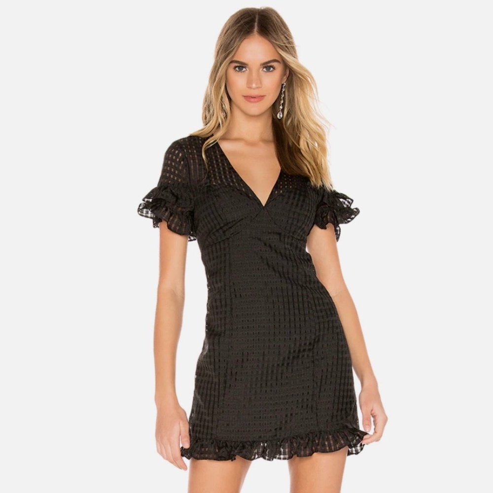 BCBGeneration Black Mini Dress LBD - Checkered, Ruffles, V-Neck - Size 0 NWT